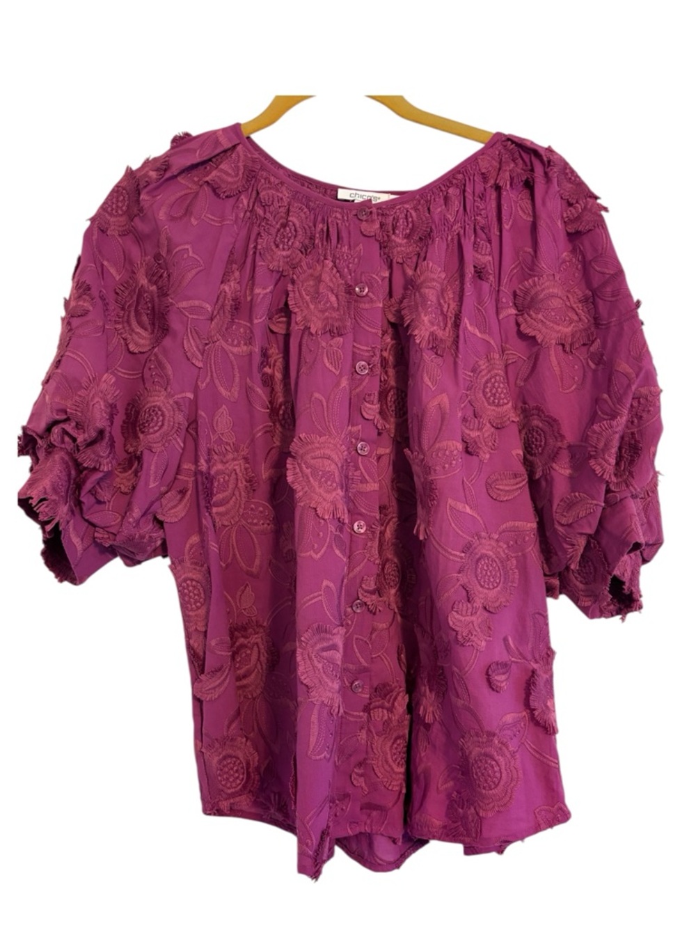 💖Nwot Chico’s Magenta Embroidered Peasant Puff Sleeve Top – Boho Statement Top 💖 - Picture 3 of 14